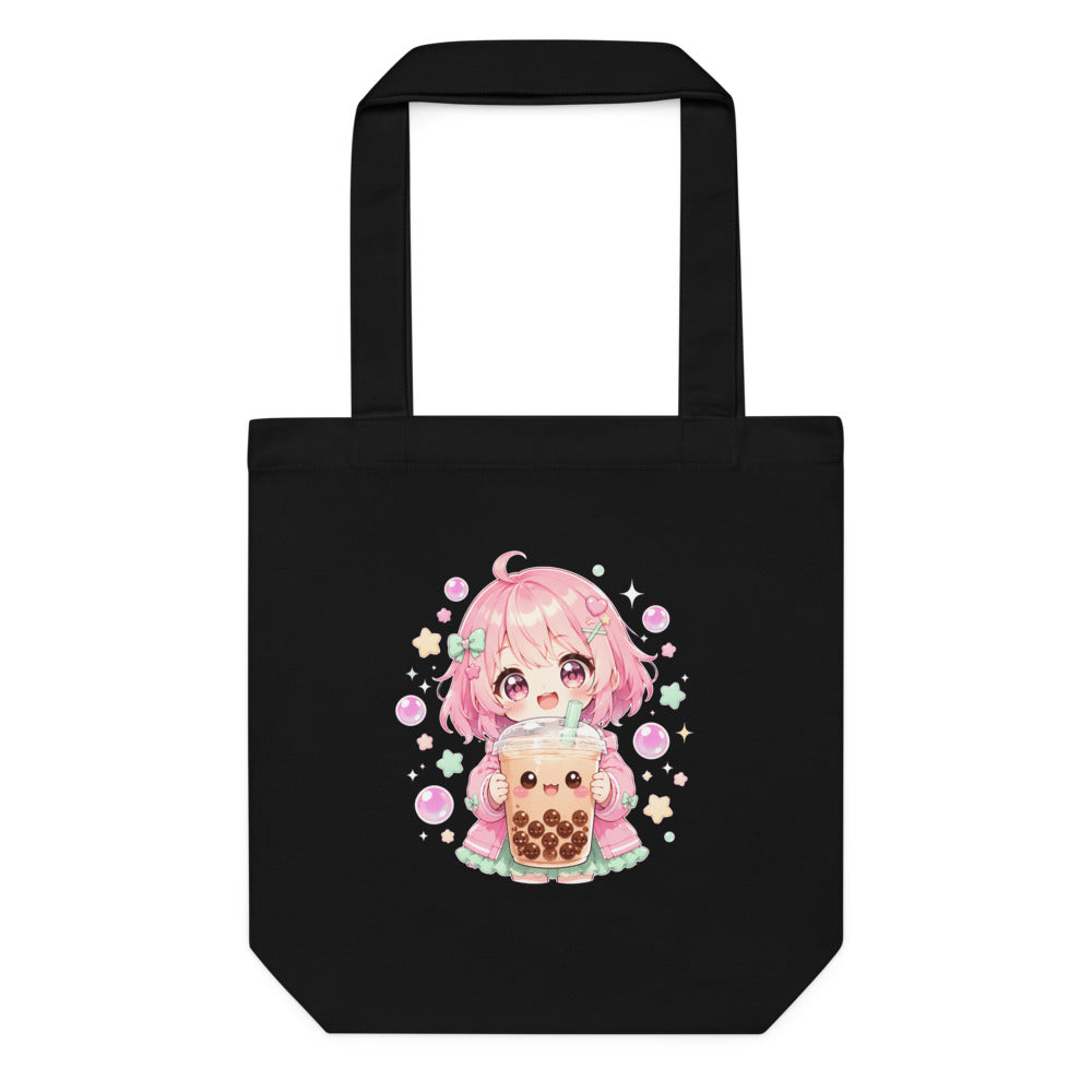 Boba Bliss | Kawaii Bubble Tea Tote Bag | Cute Anime Boba Tote mockup — Black