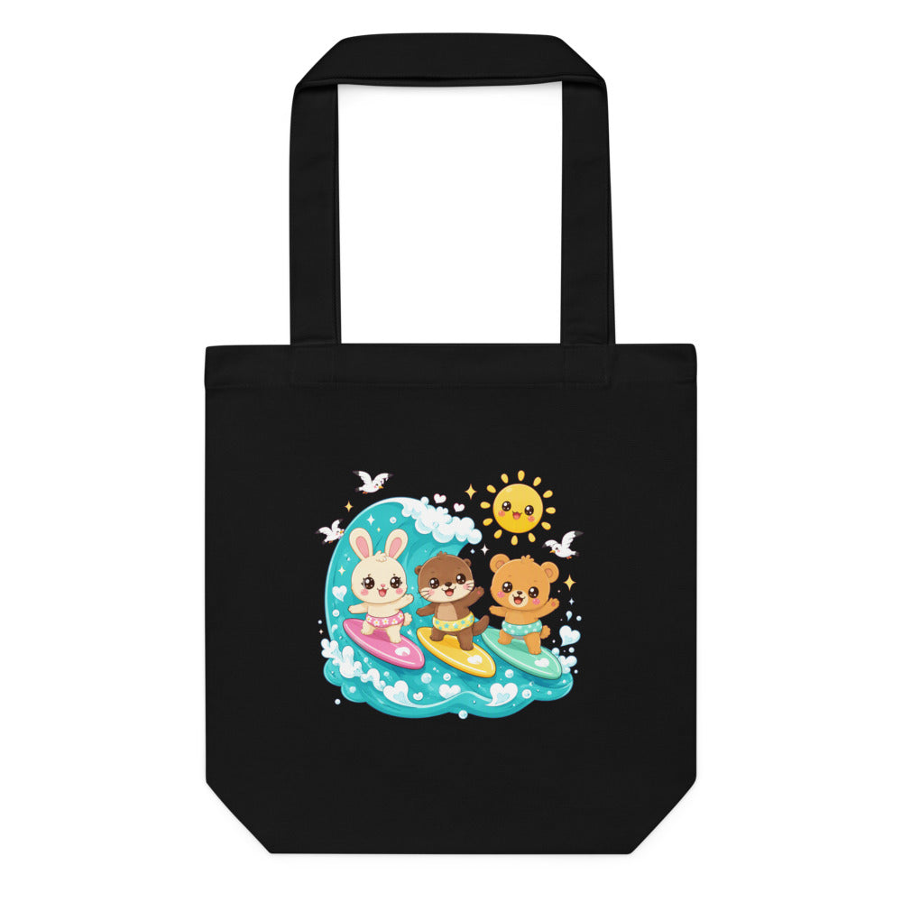Kawaii Surf Squad Tote Bag - Cute Surfing Animals Beach Tote | Surfer Gift mockup — Black