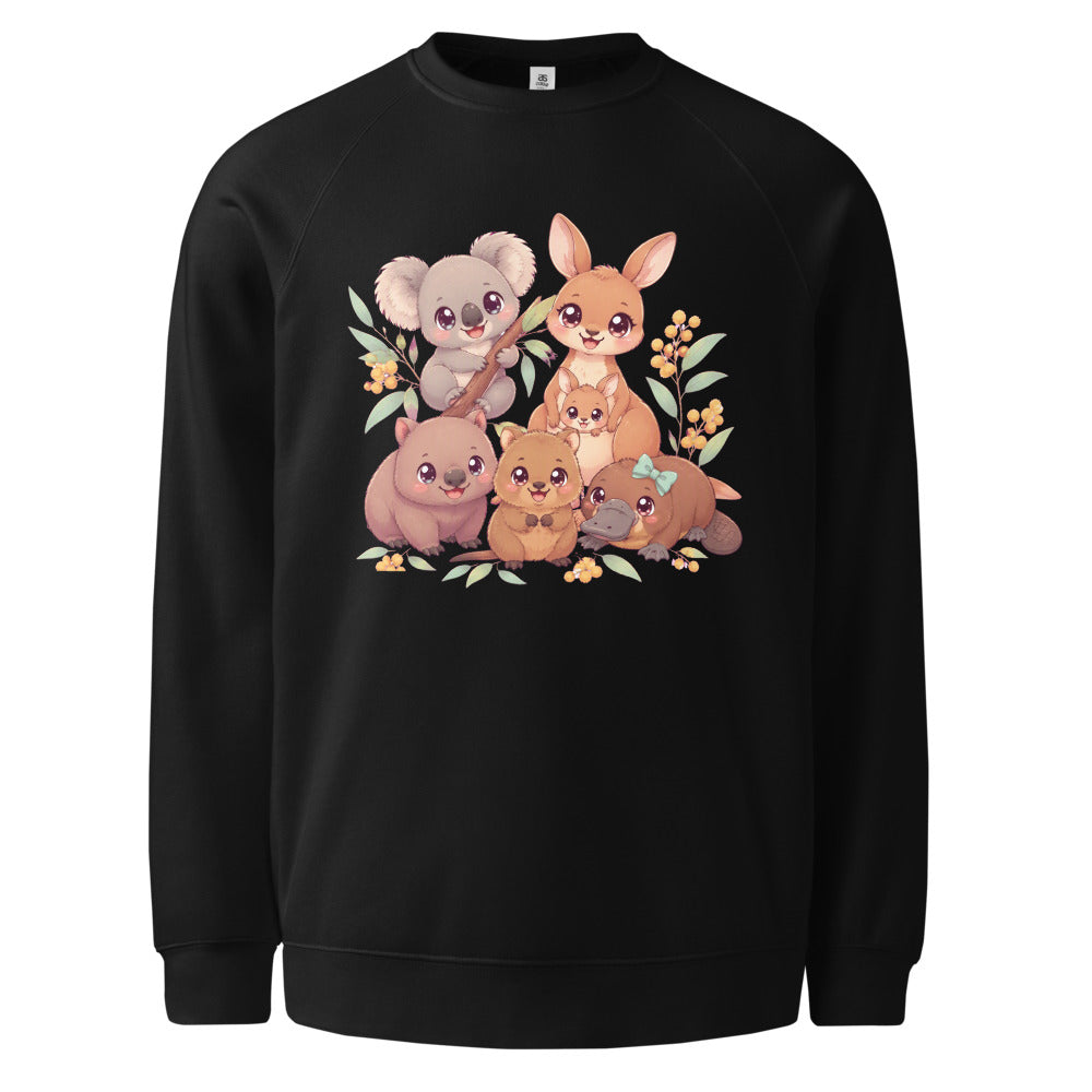 Kawaii Aussie Friends Sweatshirt — Chibi Australian Animals mockup — Black